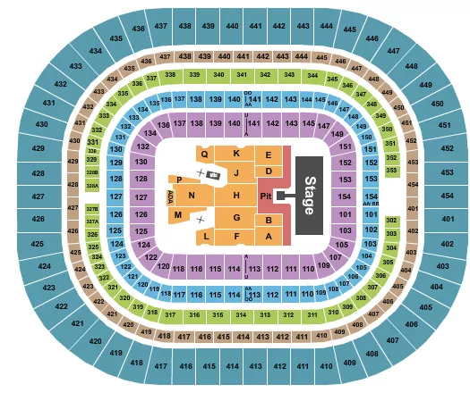AC/DC Seating Chart at The Dome at America's Center. The chart shows the main floor/stage with seating options surrounding it, which are color coded