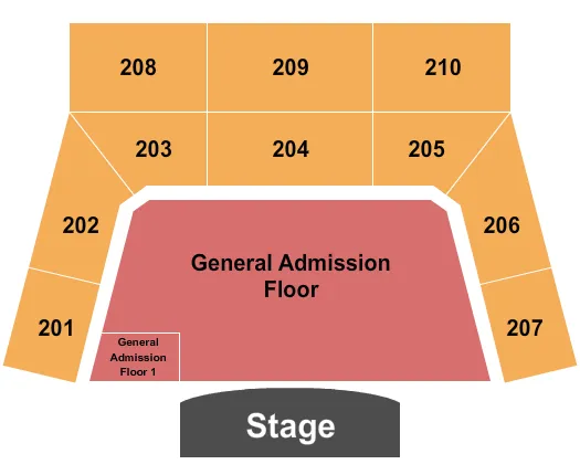End Stage Seating Chart at The Factory. The chart shows the main floor/stage with seating options surrounding it, which are color coded