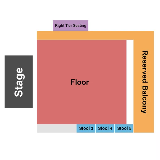 Endstage Reserved with Stools Seating Chart at The Fillmore. The chart shows the main floor/stage with seating options surrounding it, which are color coded