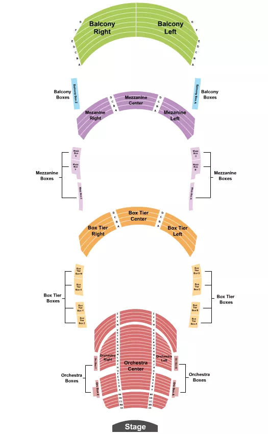 Endstage Seating Chart at The Fisher Center for the Performing Arts. The chart shows the main floor/stage with seating options surrounding it, which are color coded