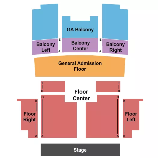 Endstage 3 Seating Chart at The Fonda Theatre. The chart shows the main floor/stage with seating options surrounding it, which are color coded