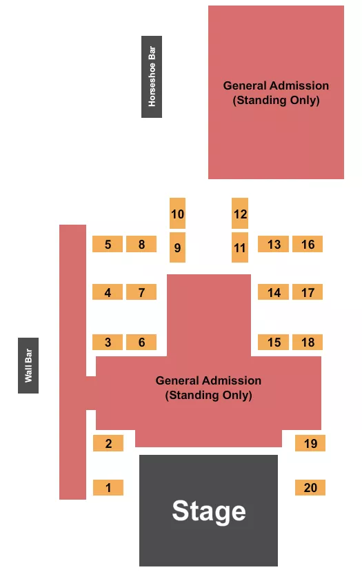 Ga/Table 2 Seating Chart at The Grainery. The chart shows the main floor/stage with seating options surrounding it, which are color coded