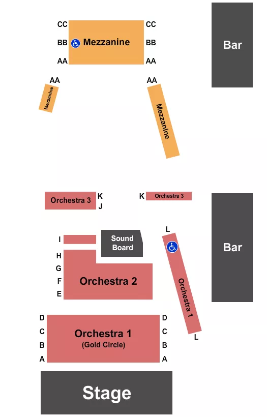 Endstage GC Seating Chart at The Guild Theatre. The chart shows the main floor/stage with seating options surrounding it, which are color coded