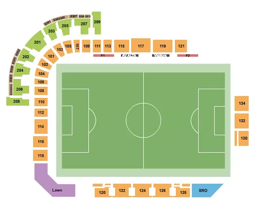 Soccer Seating Chart at The Hangar - Lancaster. The chart shows the main floor/stage with seating options surrounding it, which are color coded