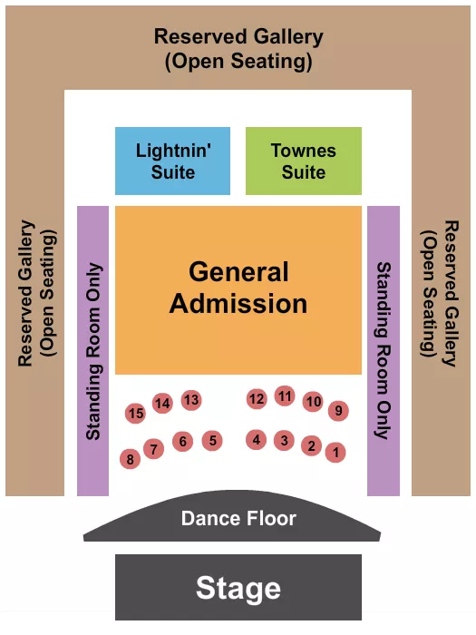 Dance Floor/Tables/GA Seating Chart at The Heights. The chart shows the main floor/stage with seating options surrounding it, which are color coded