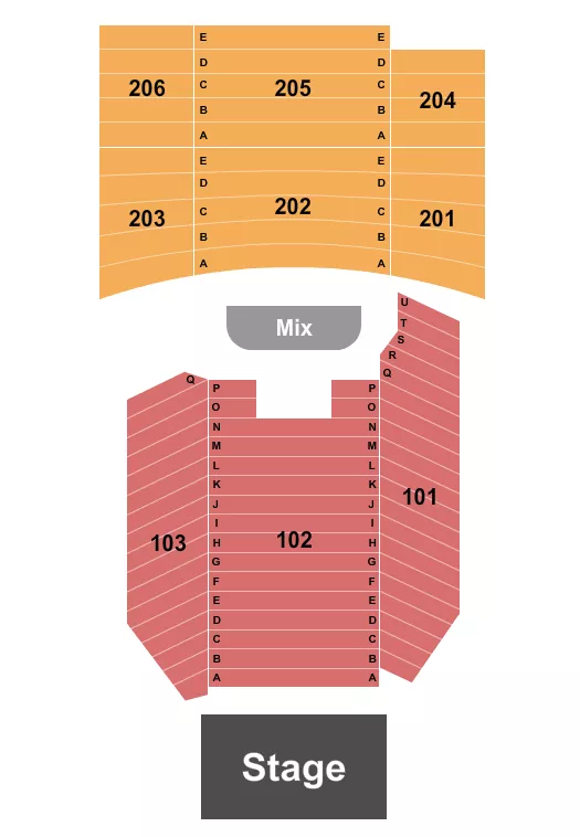 End Stage Seating Chart at The Joy Theater. The chart shows the main floor/stage with seating options surrounding it, which are color coded