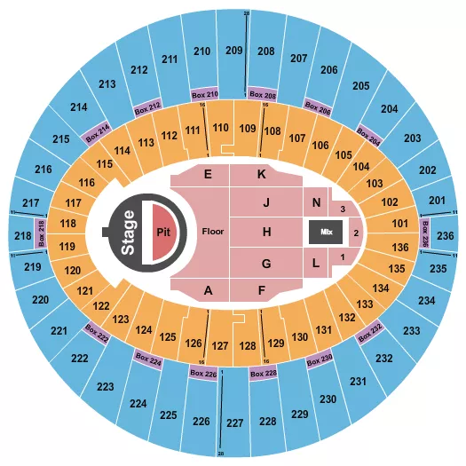 5 Seconds of Summer Seating Chart at The Kia Forum. The chart shows the main floor/stage with seating options surrounding it, which are color coded