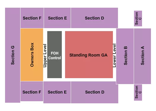 Endstage Seating Chart at The Marc. The chart shows the main floor/stage with seating options surrounding it, which are color coded