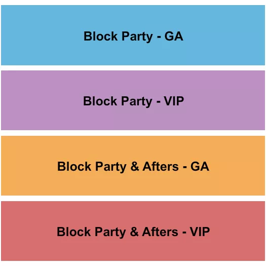 Block Party Seating Chart at The Midway. The chart shows the main floor/stage with seating options surrounding it, which are color coded