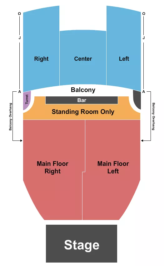 Endstage 2 Seating Chart at The Neptune Theatre. The chart shows the main floor/stage with seating options surrounding it, which are color coded