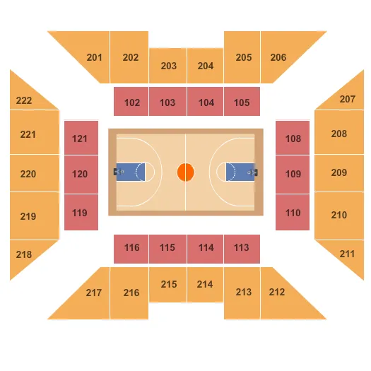 Basketball Seating Chart at The Palestra. The chart shows the main floor/stage with seating options surrounding it, which are color coded