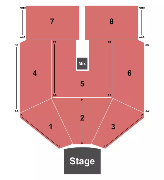 Endstage Seating Chart at The Pantheon at Caesars Virginia. The chart shows the main floor/stage with seating options surrounding it, which are color coded