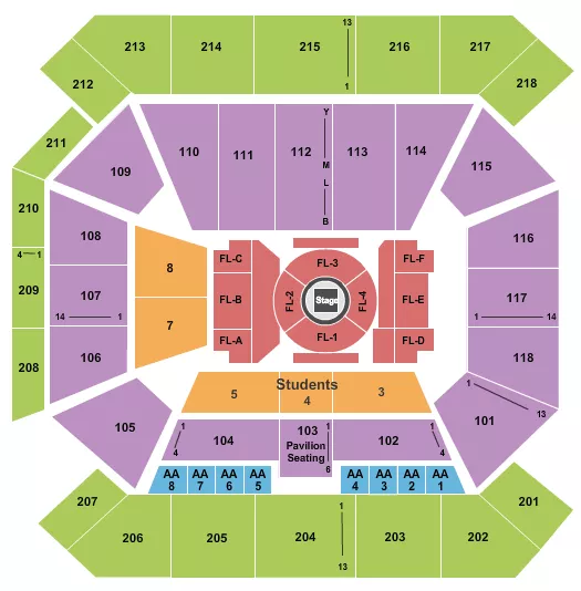 Center Stage Seating Chart at The Sandy and John Black Pavilion at Ole Miss. The chart shows the main floor/stage with seating options surrounding it, which are color coded