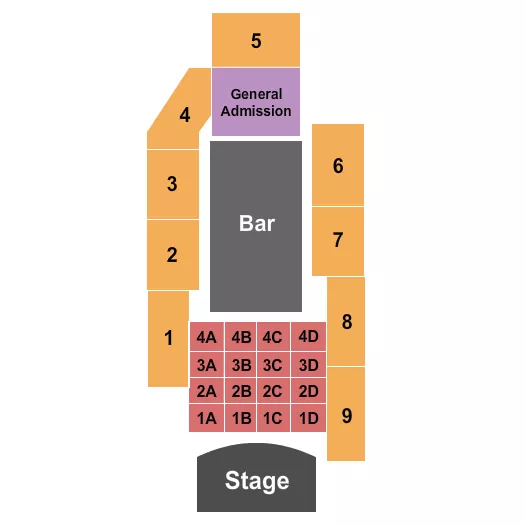 Endstage Tables Seating Chart at The Peppermint Club. The chart shows the main floor/stage with seating options surrounding it, which are color coded