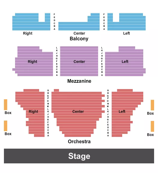 End Stage Seating Chart at The Playhouse on Rodney Square. The chart shows the main floor/stage with seating options surrounding it, which are color coded