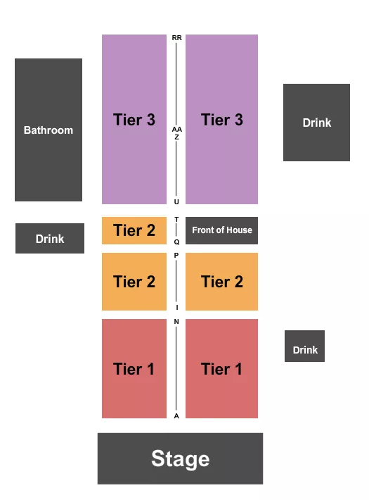 Endstage - No Standing Seating Chart at The Rust Belt. The chart shows the main floor/stage with seating options surrounding it, which are color coded