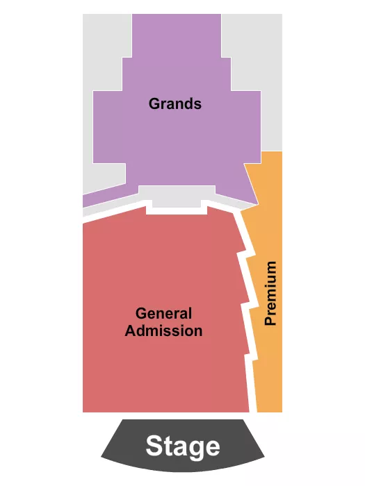 GA/Grands/Prem Seating Chart at The Salt Shed Outdoors. The chart shows the main floor/stage with seating options surrounding it, which are color coded