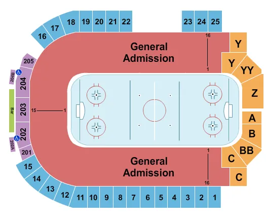 Hockey - Women Seating Chart at The Sanford Center. The chart shows the main floor/stage with seating options surrounding it, which are color coded