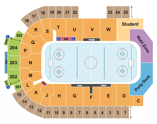 Hockey 3 Seating Chart at The Sanford Center. The chart shows the main floor/stage with seating options surrounding it, which are color coded