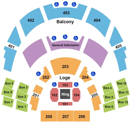 Boxing 2 Seating Chart at The Show - Agua Caliente Casino. The chart shows the main floor/stage with seating options surrounding it, which are color coded