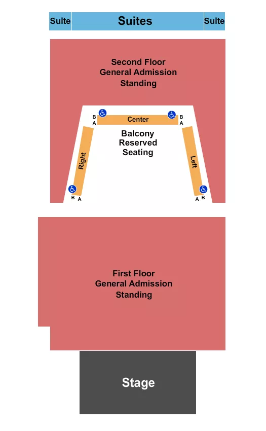 Endstage GA 2 Seating Chart at The Sylvee. The chart shows the main floor/stage with seating options surrounding it, which are color coded