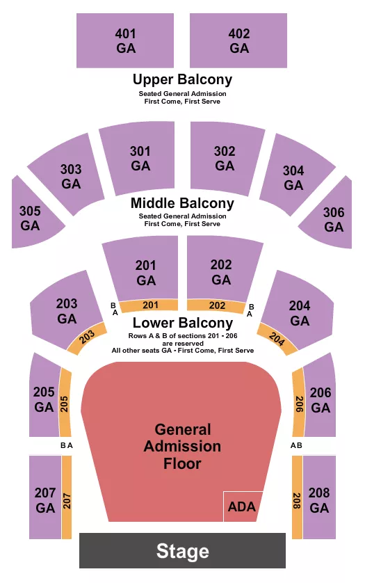 seating chart for The Tabernacle - GA - GA Flr & Up Balc - Resv Low Balc 2 - eventticketscenter.com