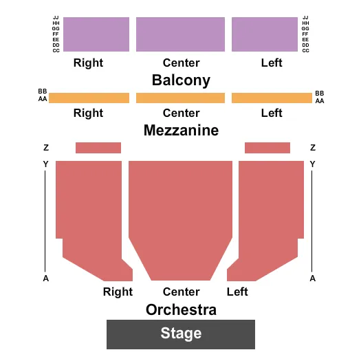 End Stage Seating Chart at The Theatre at RVCC. The chart shows the main floor/stage with seating options surrounding it, which are color coded