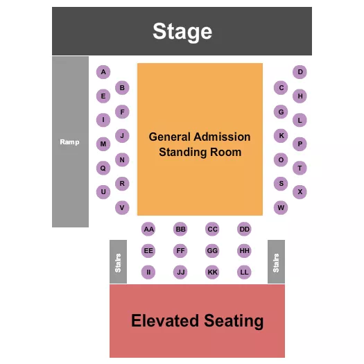 Endstage GA Dance Floor 2 Seating Chart at The Ute Theater. The chart shows the main floor/stage with seating options surrounding it, which are color coded