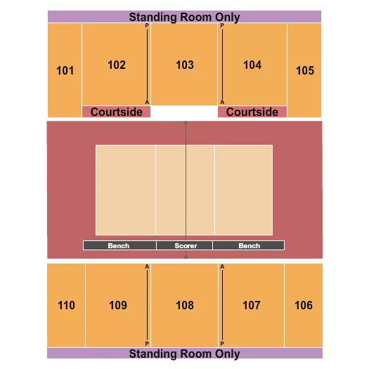 Volleyball Seating Chart at The Venue At UCF. The chart shows the main floor/stage with seating options surrounding it, which are color coded