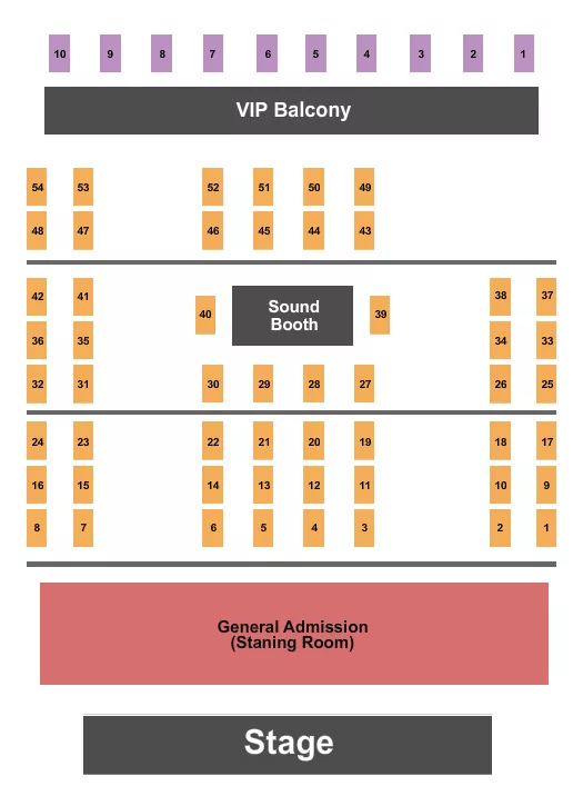 Endstage GA 2 Seating Chart at The Vixen. The chart shows the main floor/stage with seating options surrounding it, which are color coded