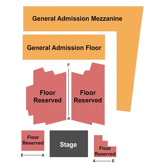 End Stage Seating Chart at Warehouse at Fairfield Theatre Company. The chart shows the main floor/stage with seating options surrounding it, which are color coded