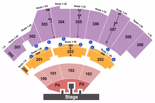 Bailey Zimmerman Seating Chart at The Wharf Amphitheatre. The chart shows the main floor/stage with seating options surrounding it, which are color coded