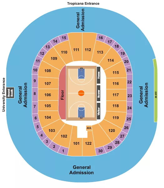 Basketball - Mountain West Seating Chart at Thomas & Mack Center. The chart shows the main floor/stage with seating options surrounding it, which are color coded