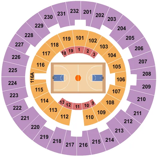 Basketball Seating Chart at Thomas Assembly Center. The chart shows the main floor/stage with seating options surrounding it, which are color coded