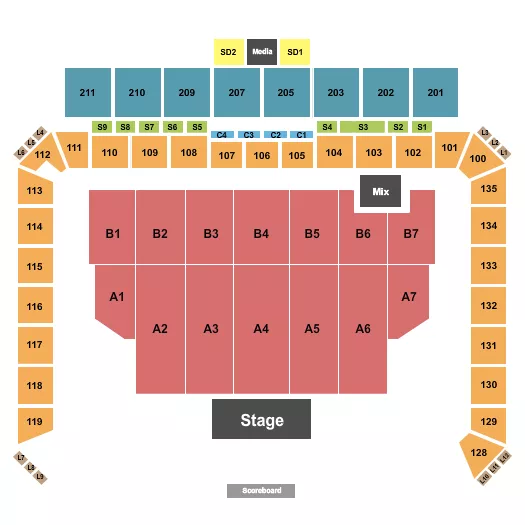 Endstage Seating Chart at Centreville Bank Stadium. The chart shows the main floor/stage with seating options surrounding it, which are color coded