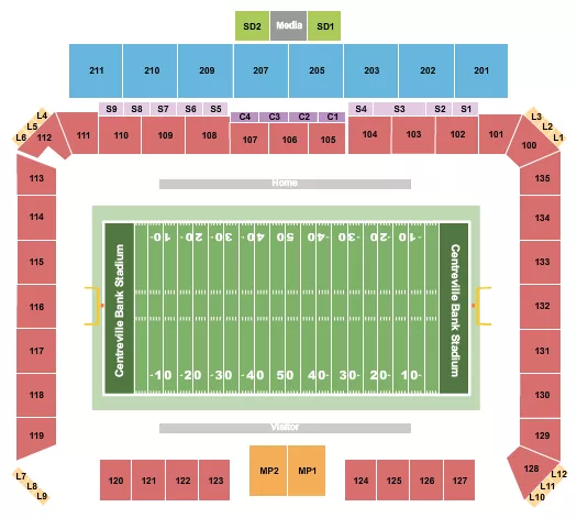 Football Seating Chart at Centreville Bank Stadium. The chart shows the main floor/stage with seating options surrounding it, which are color coded