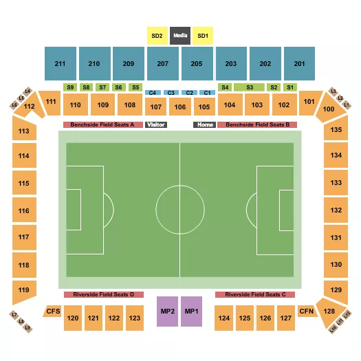 Soccer Seating Chart at Tidewater Landing Stadium. The chart shows the main floor/stage with seating options surrounding it, which are color coded