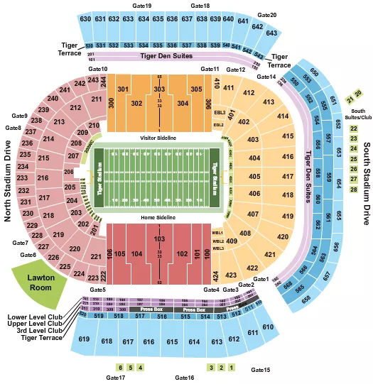 Football Seating Chart at Tiger Stadium. The chart shows the main floor/stage with seating options surrounding it, which are color coded
