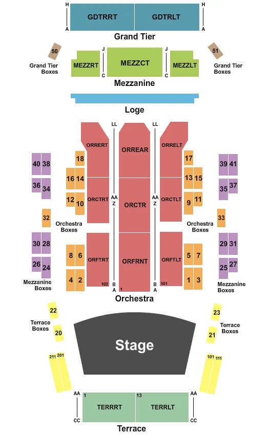 End Stage Seating Chart at Jacoby Symphony Hall At Jacksonville Center for the Performing Arts. The chart shows the main floor/stage with seating options surrounding it, which are color coded