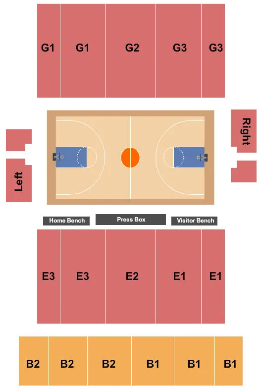 Basketball Seating Chart at Timmons Arena. The chart shows the main floor/stage with seating options surrounding it, which are color coded