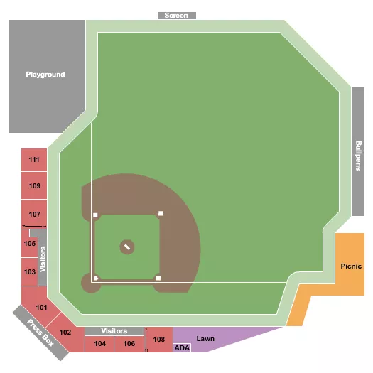 Baseball 2020 Seating Chart at Ting Stadium At North Main Athletic Complex. The chart shows the main floor/stage with seating options surrounding it, which are color coded