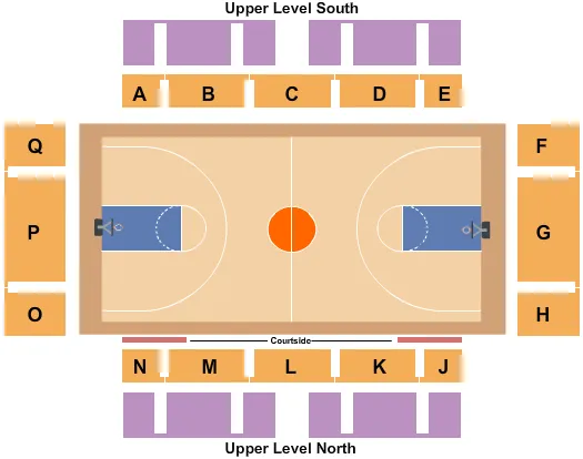 Basketball Seating Chart at Titan Gym. The chart shows the main floor/stage with seating options surrounding it, which are color coded