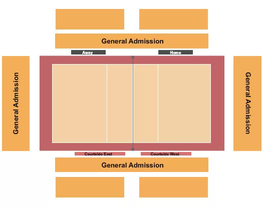 Volleyball Seating Chart at Titan Gym. The chart shows the main floor/stage with seating options surrounding it, which are color coded