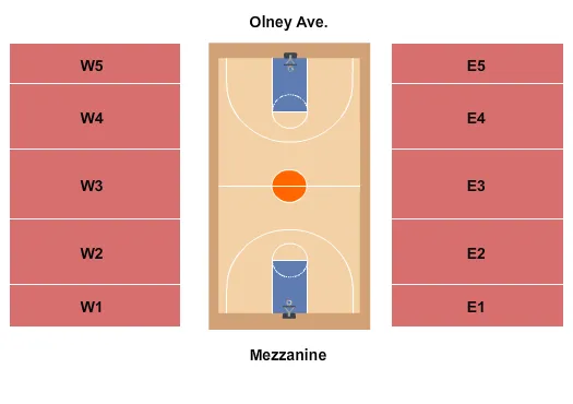 Basketball Seating Chart at John Glaser Arena. The chart shows the main floor/stage with seating options surrounding it, which are color coded