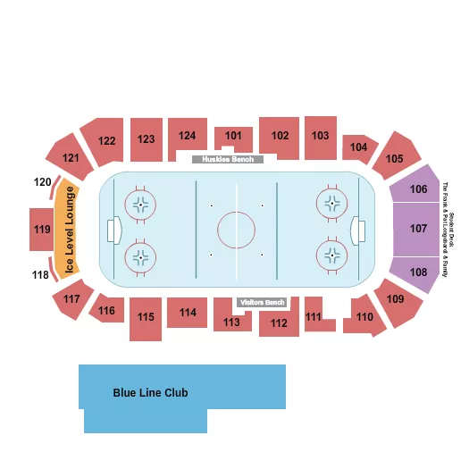 Hockey Seating Chart at Toscano Family Ice Forum. The chart shows the main floor/stage with seating options surrounding it, which are color coded