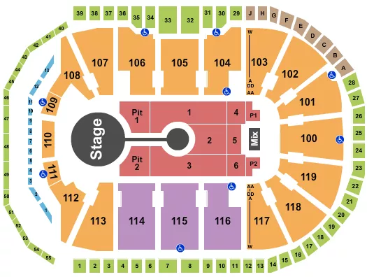 Brandon Lake Seating Chart at Total Mortgage Arena. The chart shows the main floor/stage with seating options surrounding it, which are color coded