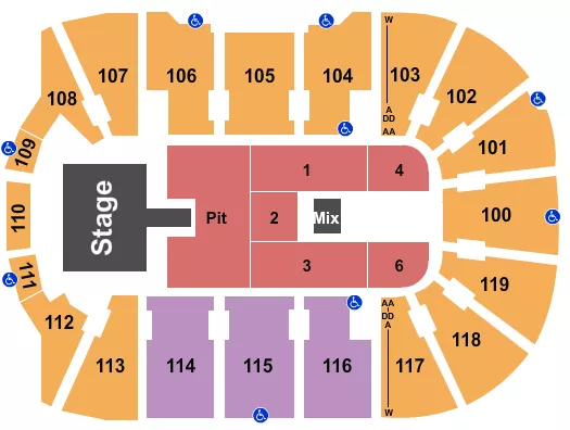 Brantley Gilbert Seating Chart at Total Mortgage Arena. The chart shows the main floor/stage with seating options surrounding it, which are color coded