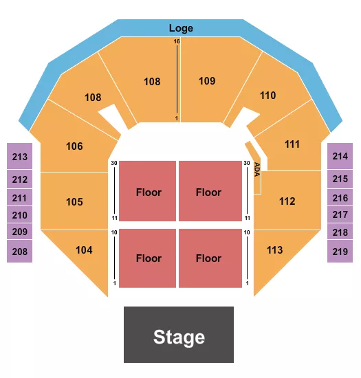 Endstage FLR Seating Chart at Town Toyota Center. The chart shows the main floor/stage with seating options surrounding it, which are color coded