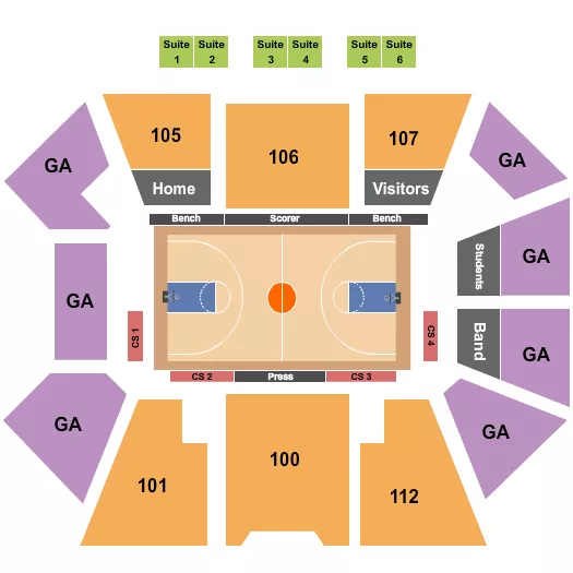 Basketball 2 Seating Chart at Townsley Law Arena. The chart shows the main floor/stage with seating options surrounding it, which are color coded