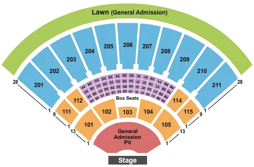 End Stage With GA Pit Seating Chart at Toyota Amphitheatre. The chart shows the main floor/stage with seating options surrounding it, which are color coded
